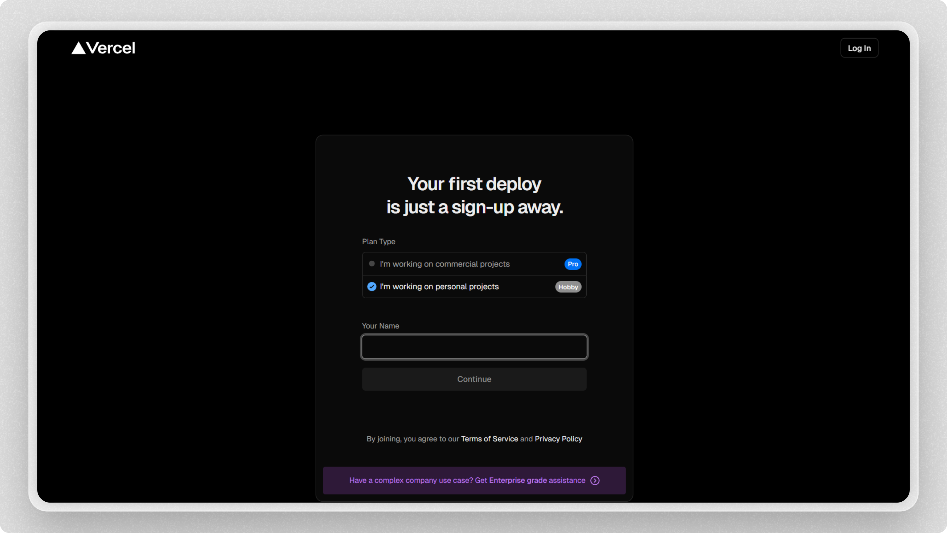 Vercel signup and landing page