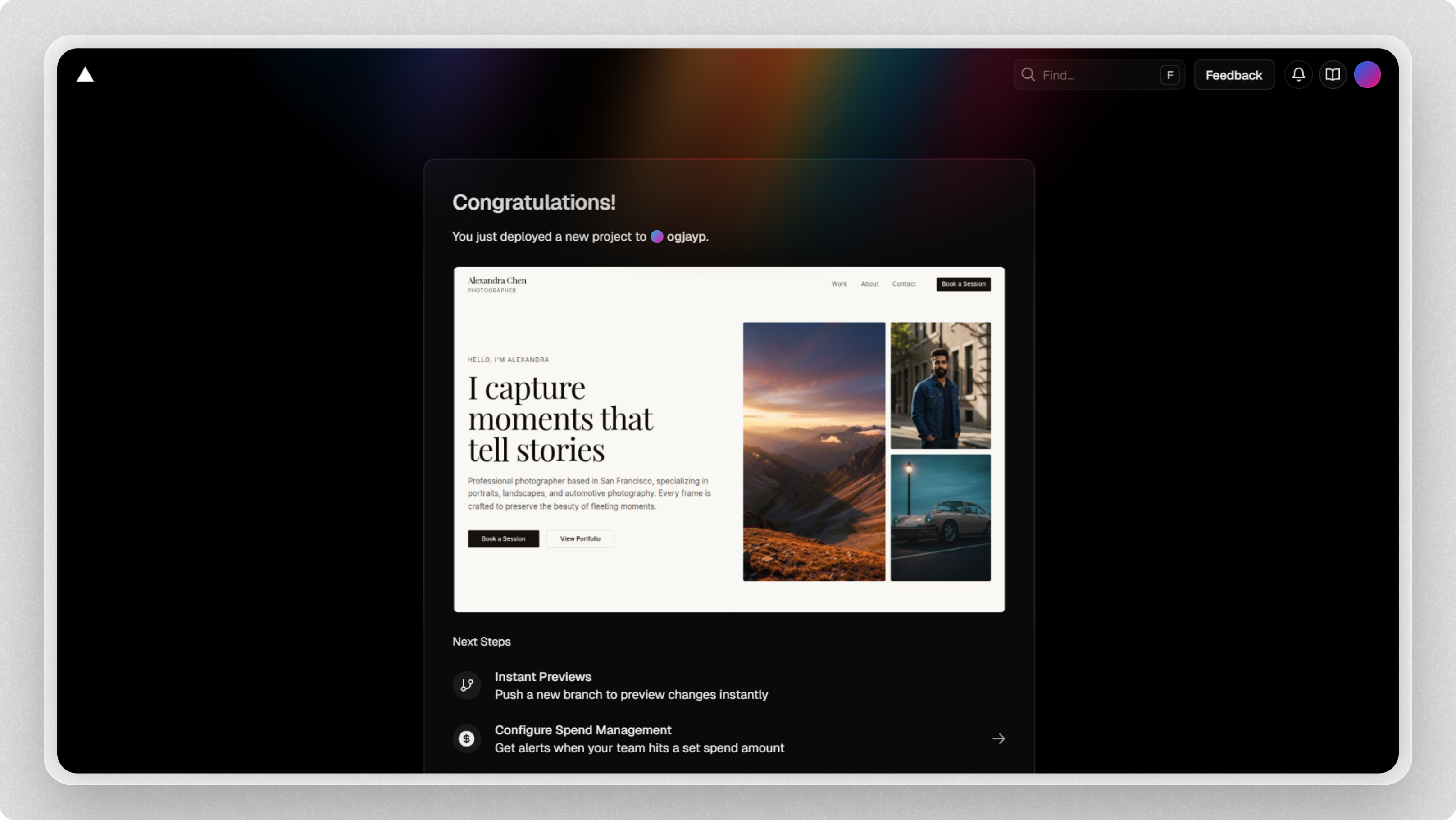 Successful Vercel deployment showing the live site URL