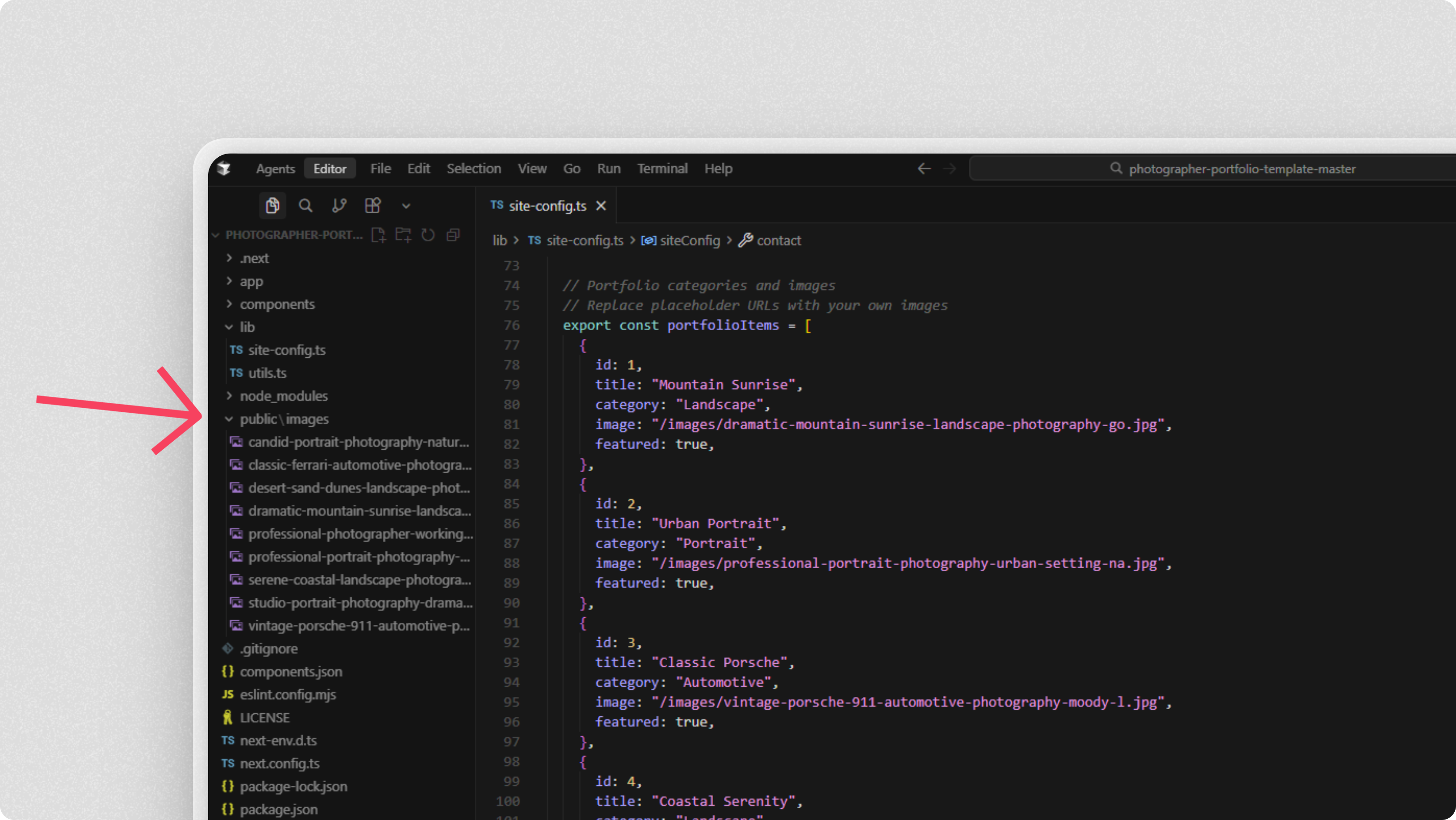 Adding portfolio images to the public/images folder in Cursor
