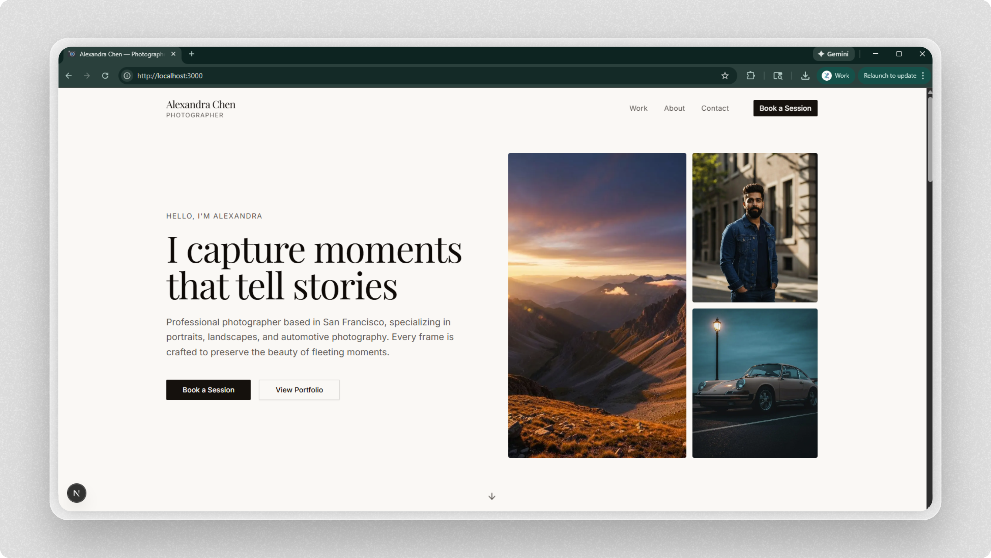 Portfolio template running on localhost:3000