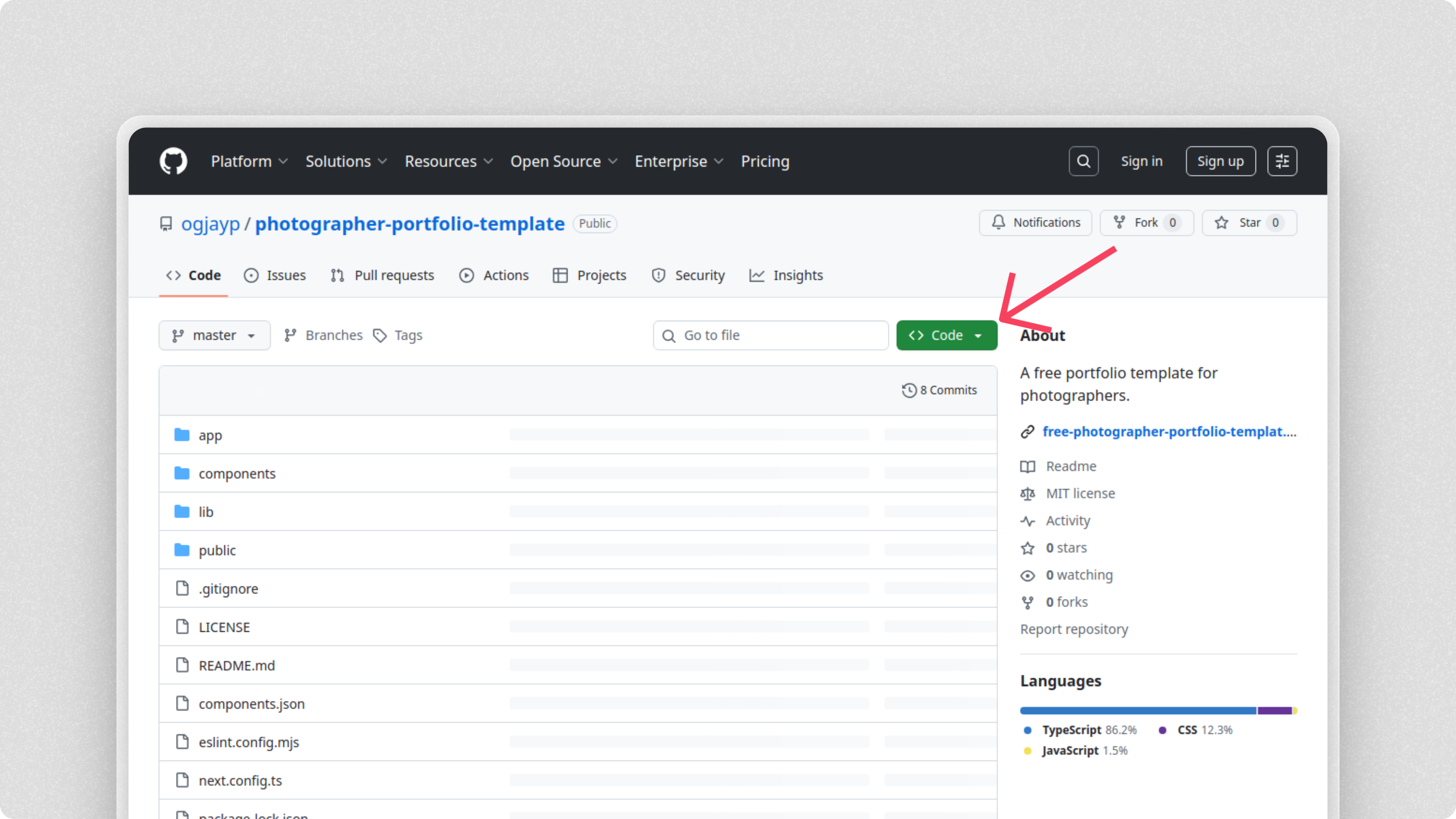 GitHub repository page showing the clone button