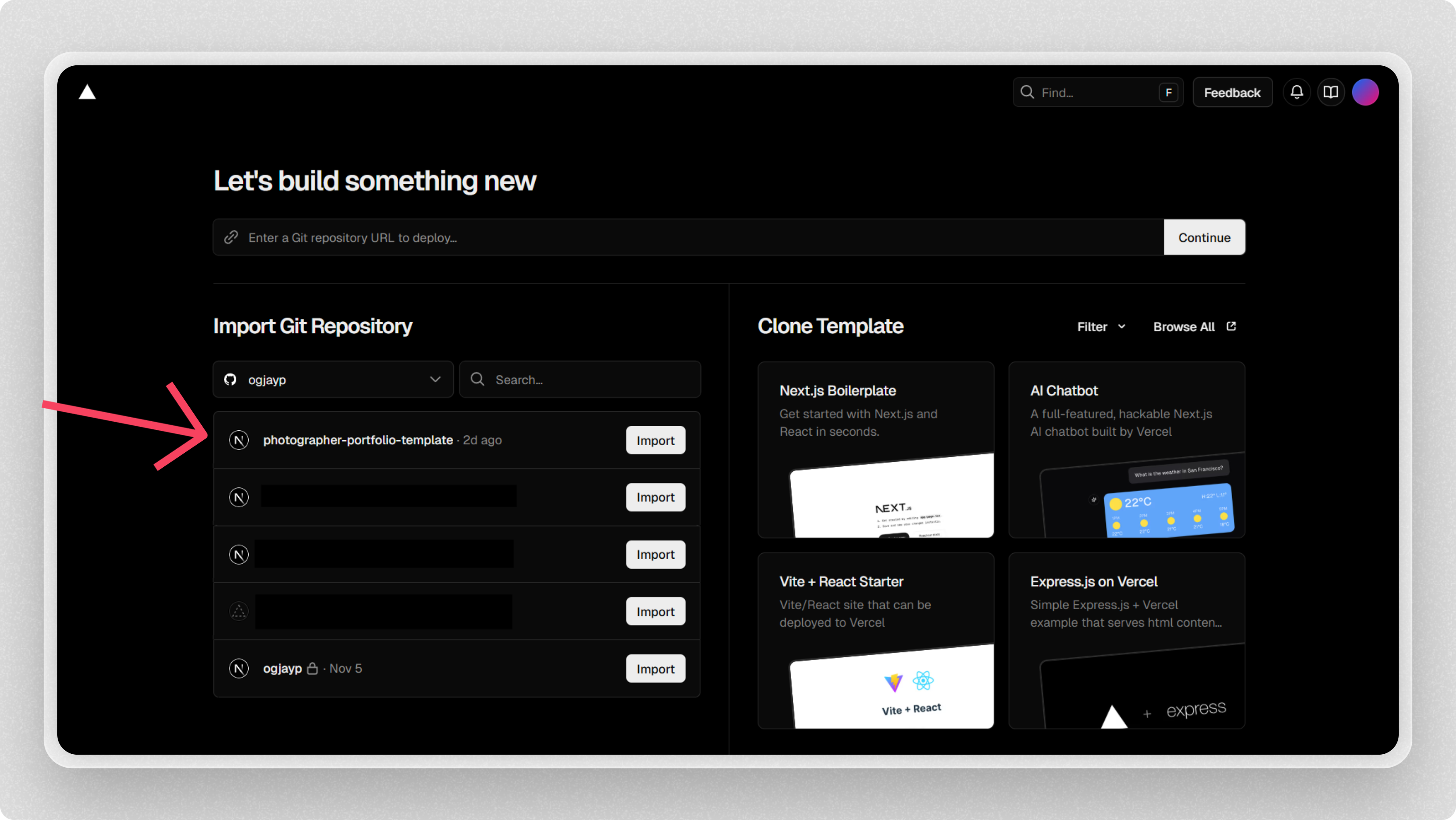 How to import a GitHub repository into Vercel