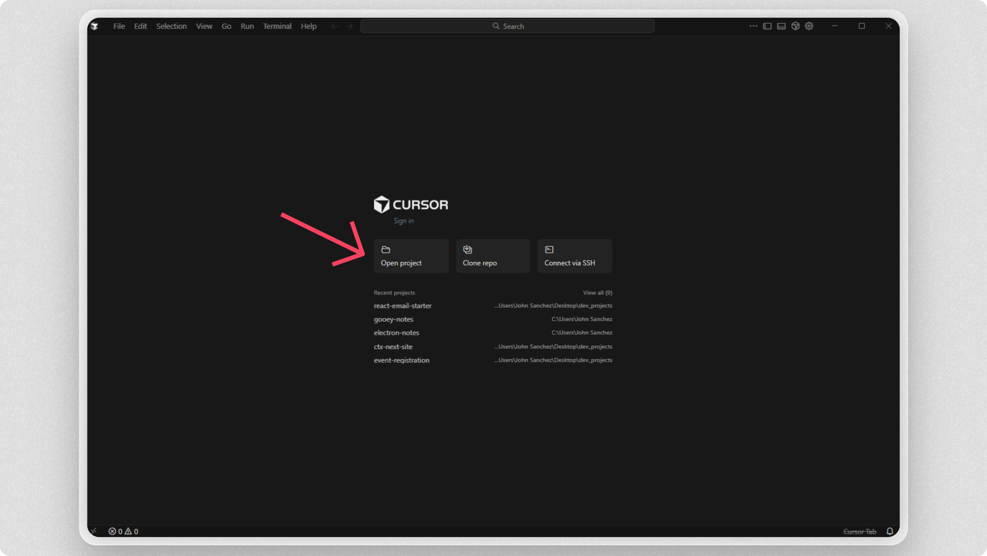 Opening a project folder in Cursor editor
