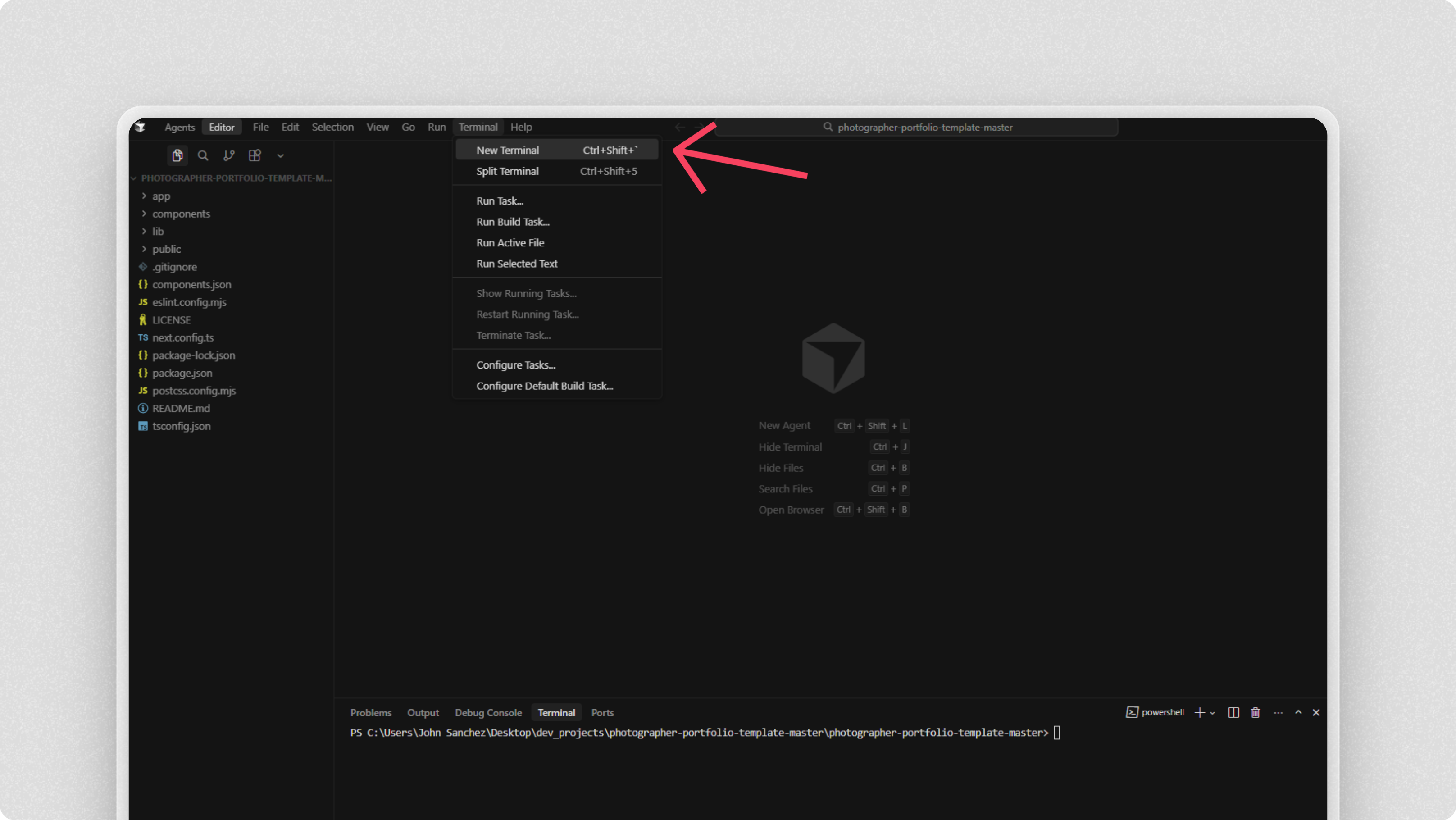Opening a new terminal in Cursor: Terminal menu → New Terminal