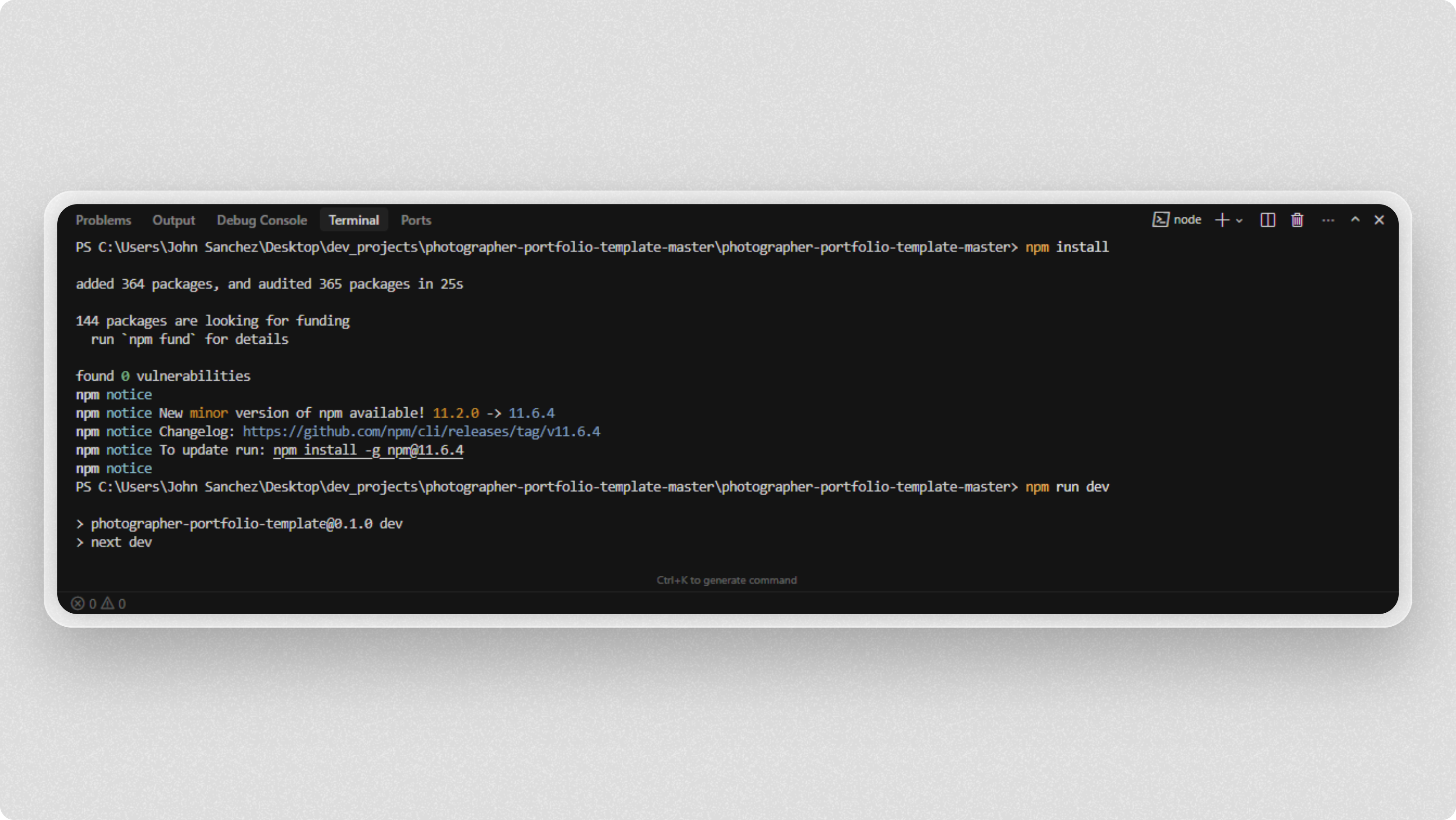 Running npm install and npm run dev commands in Cursor terminal